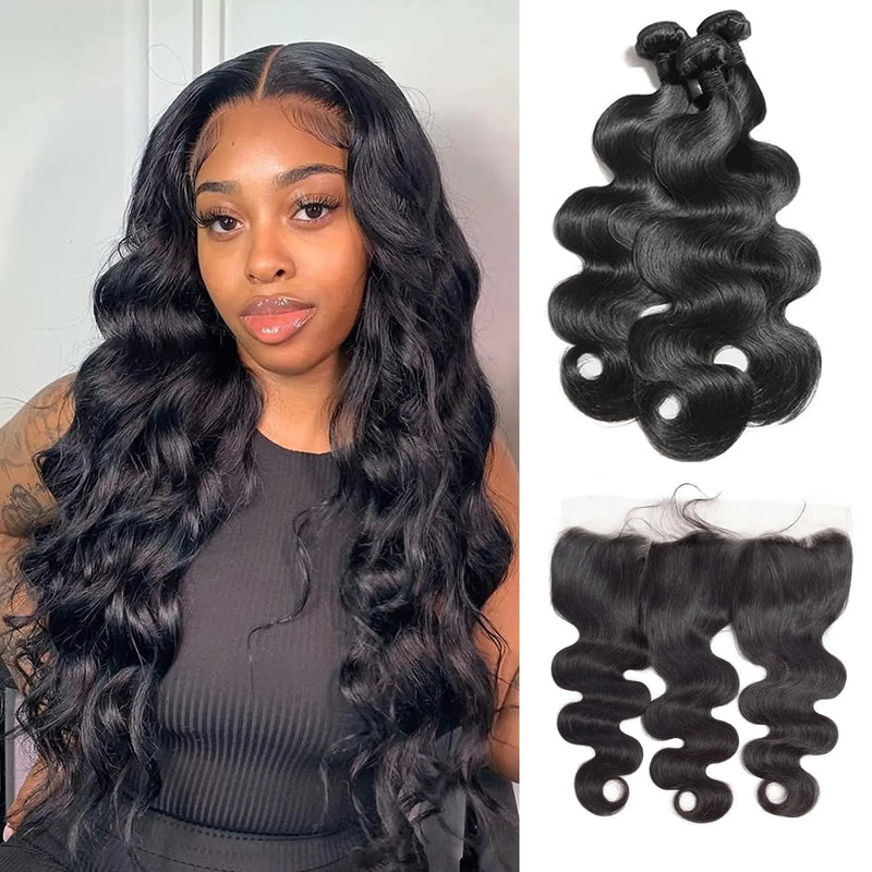 Body Wave Bundles with Frontal 26 28 30+20 Inch 100% Brazilian Virgin Human Hair Bundles with Frontal Closure 12A Unprocessed Body Wave Weave 3 Bundles Human Hair with Frontal 13x4 HD Lace