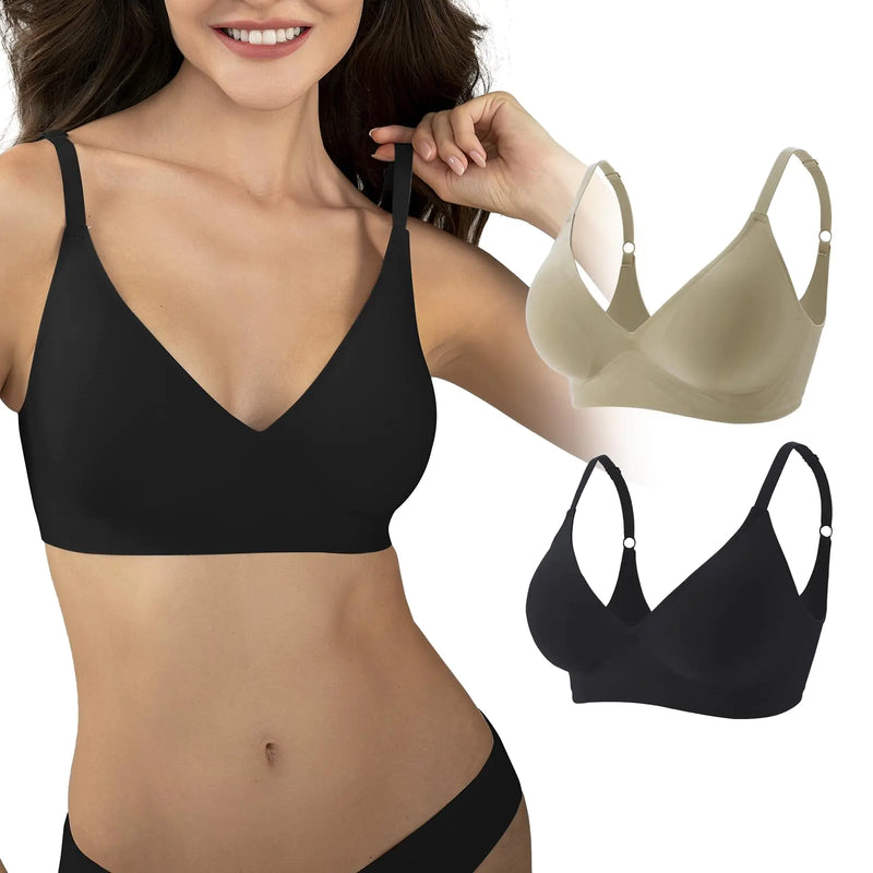 INIBUD Seamless Bras for Women Wireless Push Up Bras No Underwire Comfortable V Neck Full Coverage Padded Bralette Black+Coffee X-Large