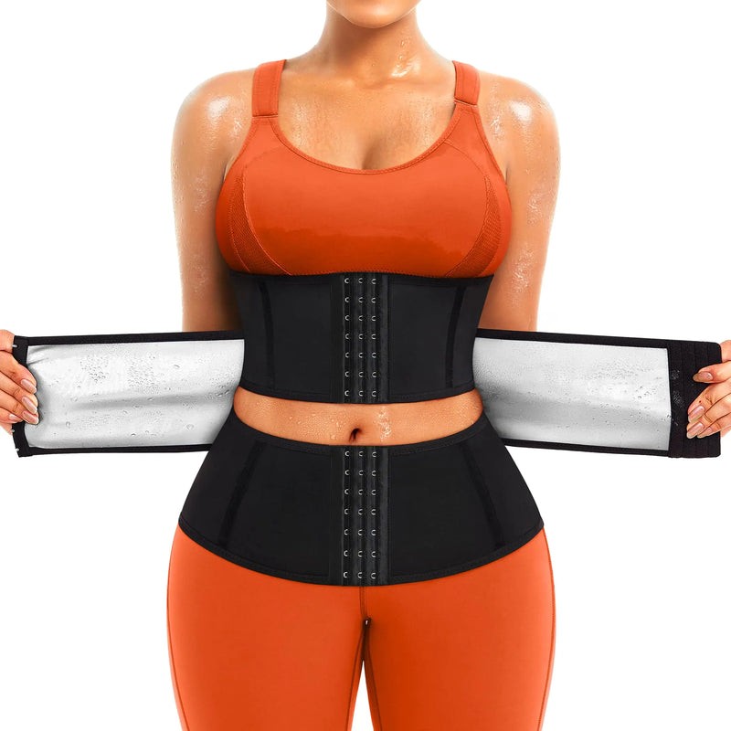TrainingGirl Women Sweat Waist Trimmer Trainer Sauna Corset Workout Belt Belly Band Stomach Wraps Body Shaper Sports Girdle (Black-Silver inner Medium)