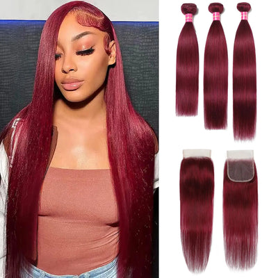 99J Burgundy Straight Human Hair Bundles with Closure - Straight Hair Bundles with Closure Unprocessed Brazilian Virgin Hair 3 Bundles with Lace Closure with Baby Hair