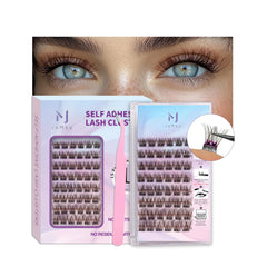 JoMay Self Adhesive Eyelashes Extension Kit 48 PCS Pre-Glued Cluster Lashes D Curl No Glue Eyelashes 10-16mm X05 Press on Lashes No Glue Needed Wispy Lash Clusters 1 Step DIY Lash (X05-10-16MIX)
