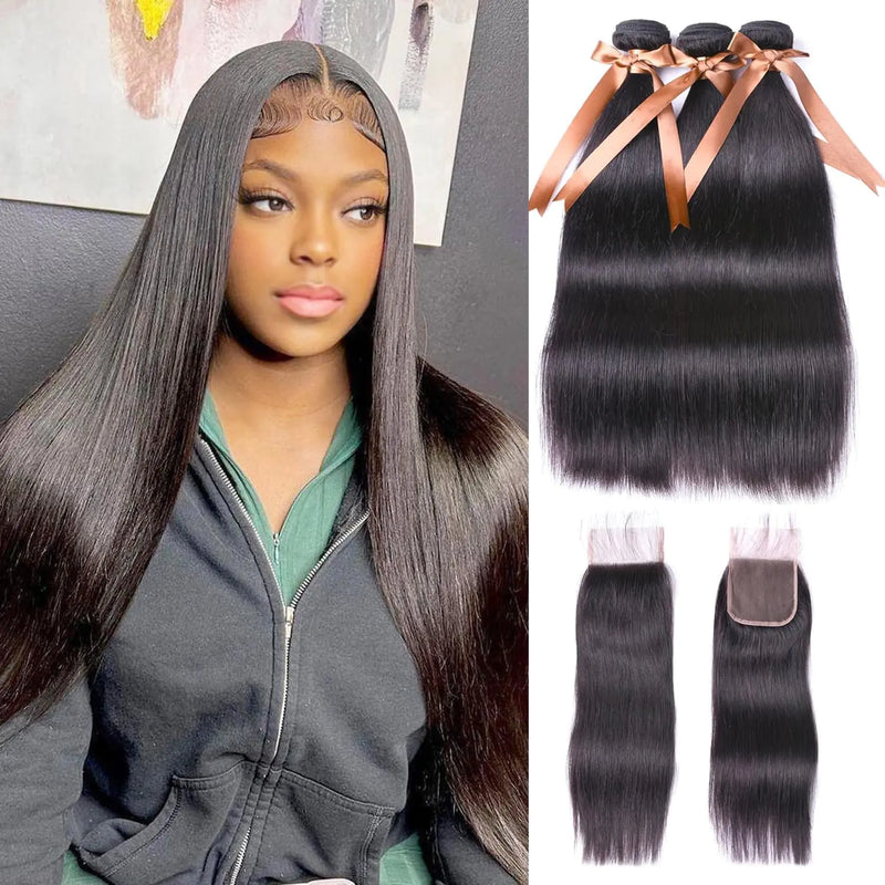 ALLRUN Straight Hair Bundles with Closure 100% Brazilian Straight Human Hair 3 Bundles with Lace Closure Free Part Unprocessed Virgin Hair Bundles with Closure Human Hair Extensions 18 20 22+16