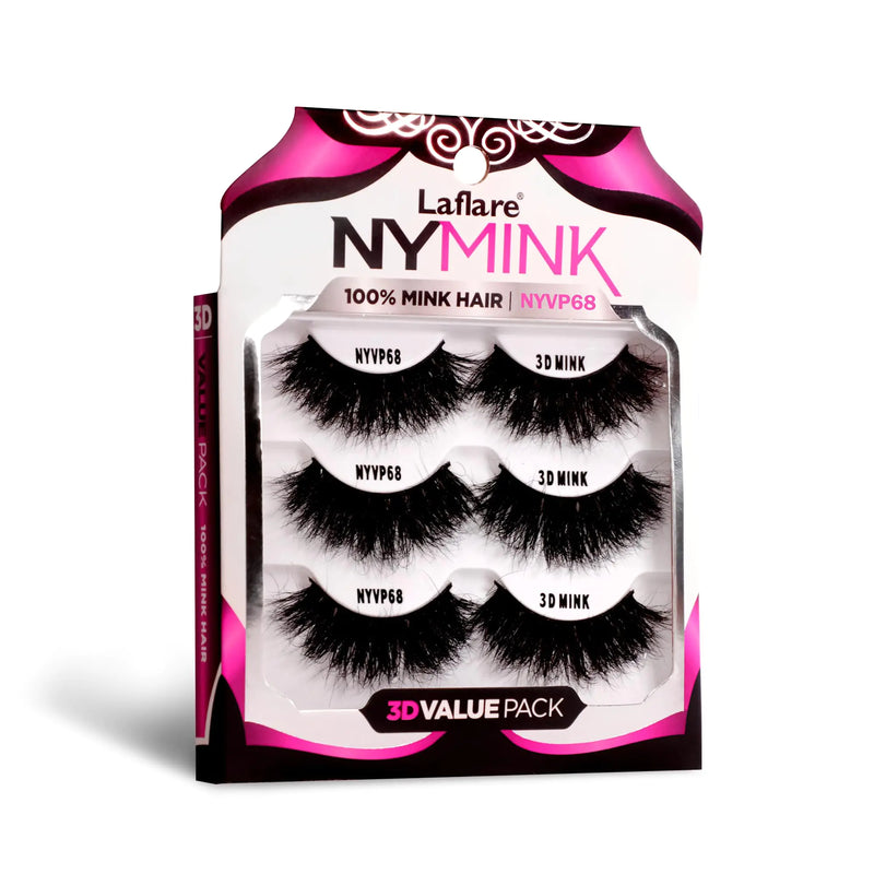 Laflare 100% Real Mink Lashes 3D NY Mink Eyelashes Hand-Rowing Natural Long Wispy False Lashes for Luxury Makeup Natural LightTrendy Reusable (NY68 VALUE PACK)