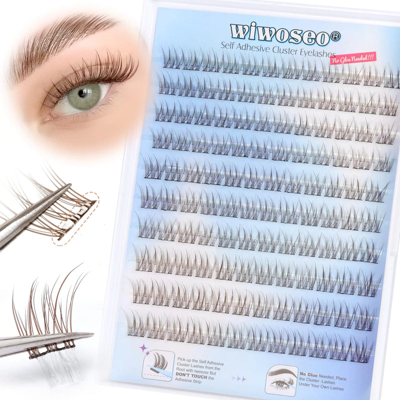 wiwoseo Brown Self Adhesive Eyelashes Cluster Lashes Pre Glued Cluster Eyelash Extensions Individual Lashes Self Adhesive Lashes Extension Russian Lash Clusters Waterproof Eyelashes No Glue Needed
