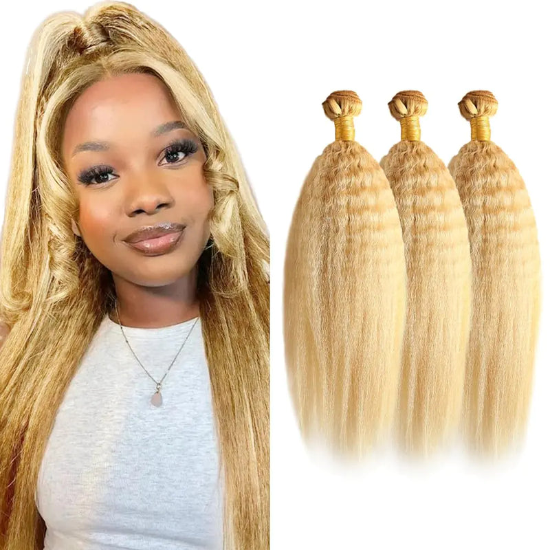 Blonde Bundles Human Hair P27/613 Blonde Human Hair Kinky Straight Bundles 22 24 26 Inch Highlight Blonde Bundles Human Hair 10A Unprocessed Brazilian Virgin Weave Hair 3 Bundles 50 Gram Per Bundle