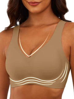IHOIU Womens Wireless Push Up Bra Comfortable Bralettes V Neck Seamless Bra Smooth Brassiere Wirefree Basic T Shirt Bra Dark Nude