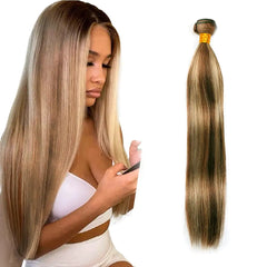 Highlight Bundles Blonde Human Hair Bundles Brown Straight Human Hair Bundles Grade 8A Remy Hair 1 Bundle 16 Inch Two Tone #4 Brown Mixed With #613 Blonde Bundle