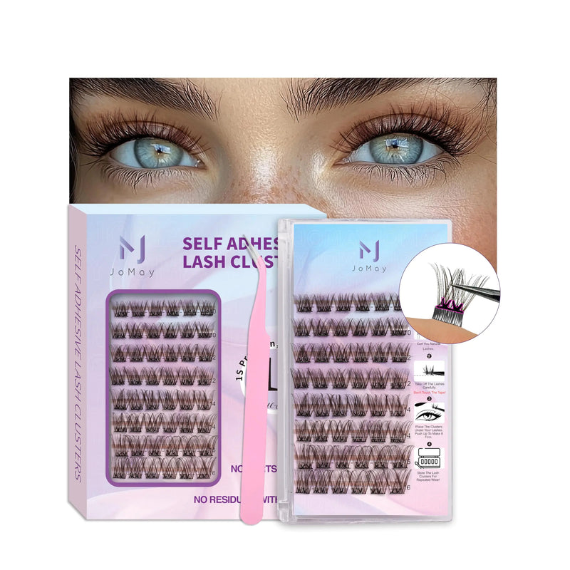 JoMay Self Adhesive Eyelashes Extension Kit 48 PCS Pre-Glued Cluster Lashes D Curl No Glue Eyelashes 10-16mm X05 Press on Lashes No Glue Needed Wispy Lash Clusters 1 Step DIY Lash (X05-10-16MIX)