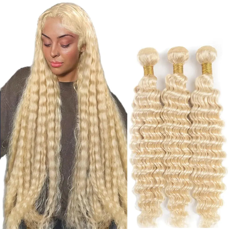 613 Human Hair Bundles Blonde Deep Wave Bundles Human Hair 8A Grade Brazilian Unprocessed Virgin Hair 3 Bundles 14 16 18 Inch 613 Deep Wave Bundles