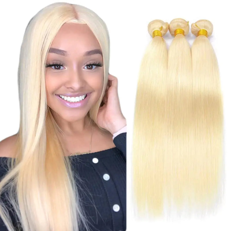 Straight Blonde Bundles 613 Human Hair Bundles Pure Color 613 Bundles Human Hair Double Weft 8A Unprocessed Virgin Remy Hair Extension for Women 14 16 18 Inch