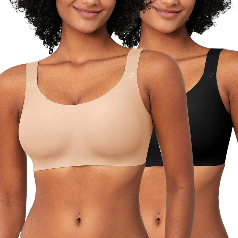 Bras for Women No Underwire Seamless Adjustable Full Coverage Smooth Bralette Wireless Comfort Everyday Bra(Black+NudeXL)